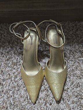 De Blossom Collection Gold Glitter Pointed Toe Ankle-Strap Heels
